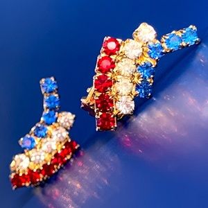 VTG Kramer New York Red/White/Blue Rhinestone Gold Tone Clip Earrings